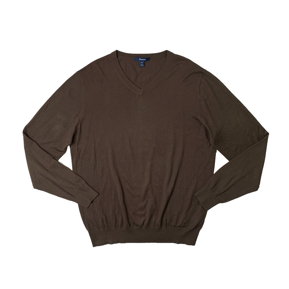 Faconnable Sweater Mens XL Extra Large Brown Silk Cashmere Blend V Neck Pullover